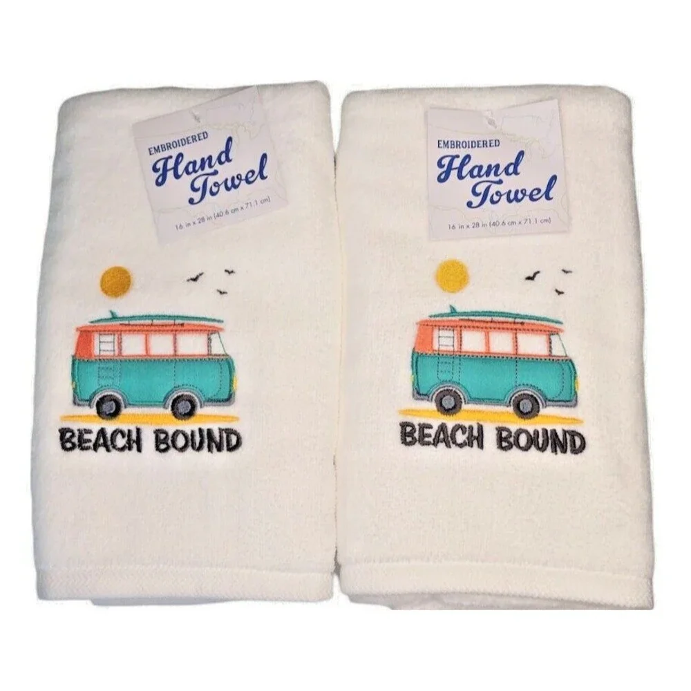 Hippie Bus Hand Towels Set of 2 Embroidered Summer Beach Bound Surfboard White